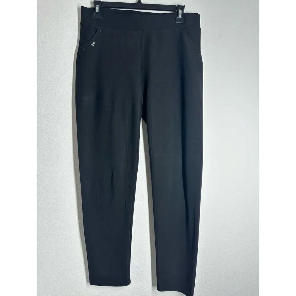 Andrea Lee It Women’s Black Travel Pants Elastic Waist Trim Rhinestone Sz L Note